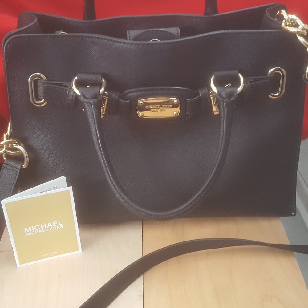 MICHAEL KORS Hamilton Womens MK EW Satchel Bag Black Saffiano Leather 38H7XHMS3L